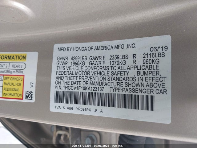 1HGCV1F10KA123137 Honda ACCORD LX