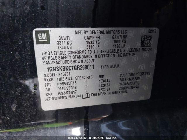 1GNSKBKC7GR298811 Chevrolet Tahoe Lt