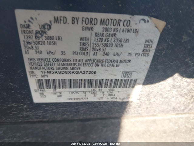 1FM5K8D8XKGA27209 Ford EXPLORER XLT