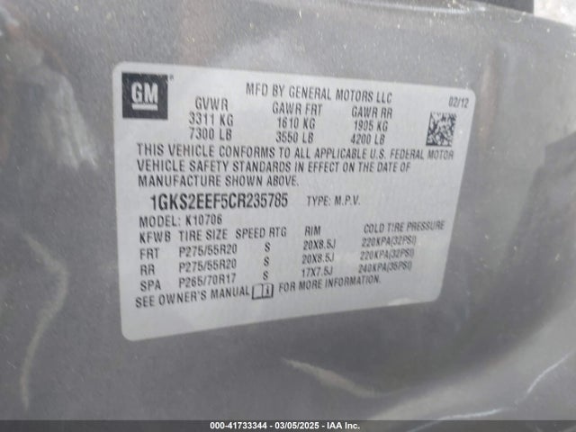 41733344 :رقم المزاد ، 1GKS2EEF5CR235785 vin ، 2012 Gmc Yukon Denali مزاد بيع