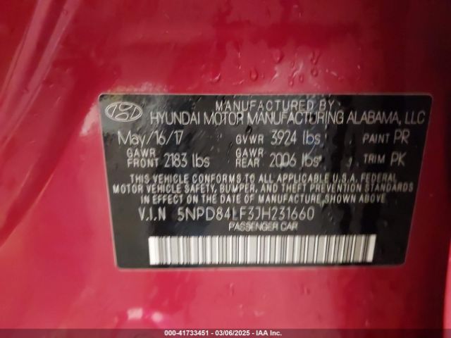 5NPD84LF3JH231660 Hyundai ELANTRA SEL