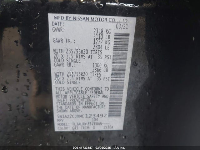 5N1AZ2CJXMC123492 Nissan Murano Sl Fwd