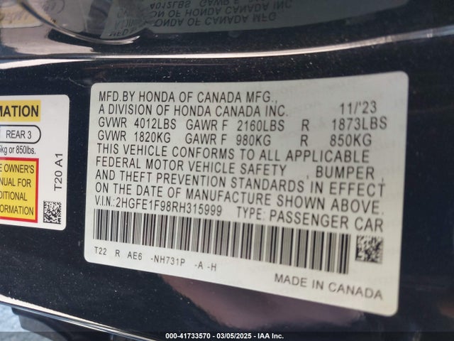 2HGFE1F98RH315999 Honda Civic Touring