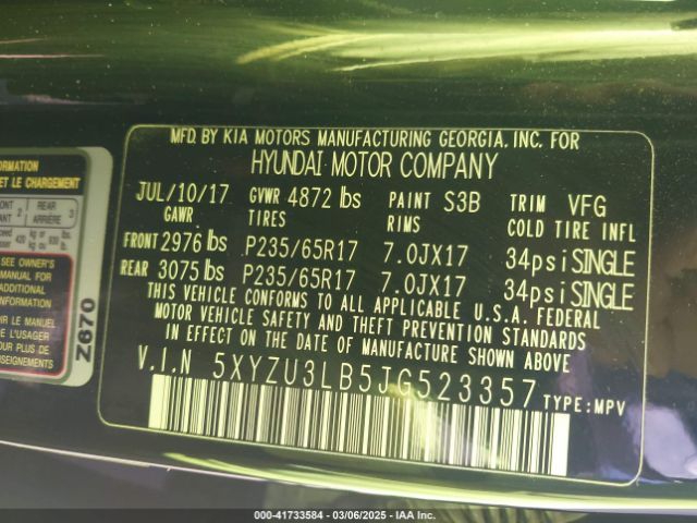 5XYZU3LB5JG523357 Hyundai Santa Fe Sport 2.4l