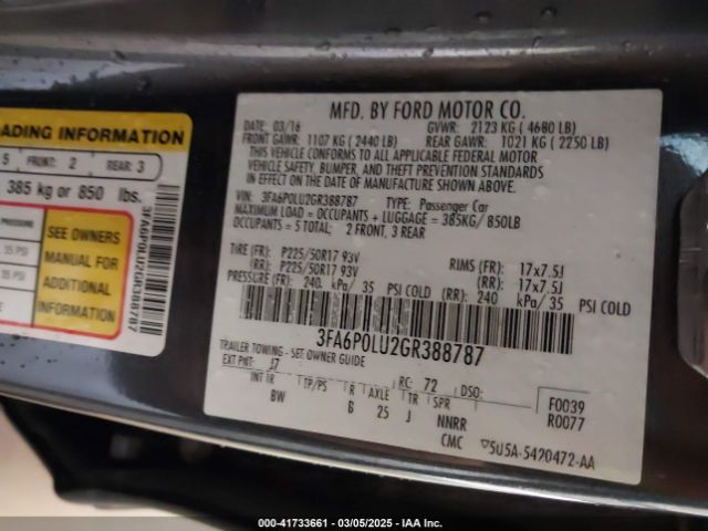 3FA6P0LU2GR388787 Ford Fusion Hybrid Se