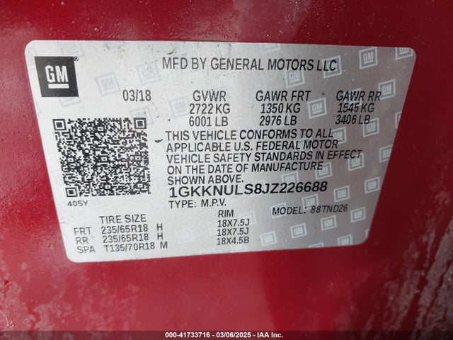 1GKKNULS8JZ226688 GMC lgx - direct injection, variable valve timing, alum, gen 2