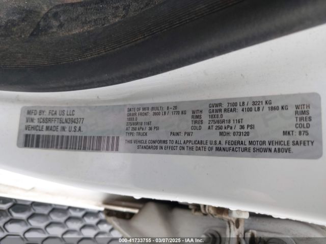 1C6SRFFT6LN394377 RAM 1500 Big Horn  4x4 5'7 Box