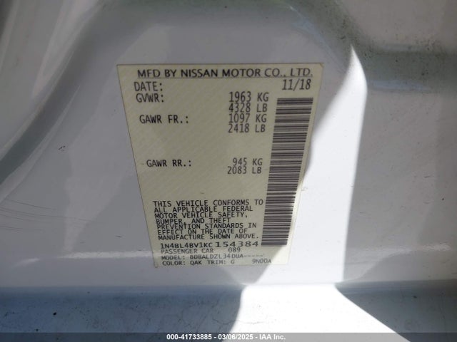 1N4BL4BV1KC154384 Nissan Altima 2.5 S