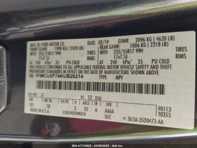 1FMCU0F74KUB26214 Ford ESCAPE S
