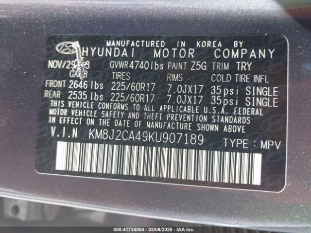KM8J2CA49KU907189 Hyundai TUCSON SE