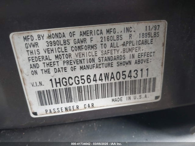 41734042 :رقم المزاد ، 1HGCG5644WA054311 vin ، 1998 Honda Accord Lx مزاد بيع