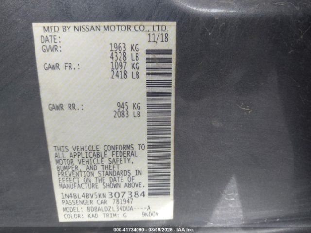 1N4BL4BV5KN307384 Nissan Altima 2.5 S