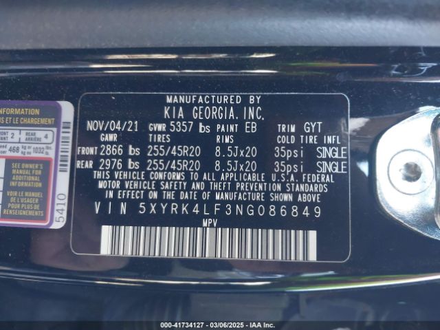 5XYRK4LF3NG086849 KIA SORENTO SX