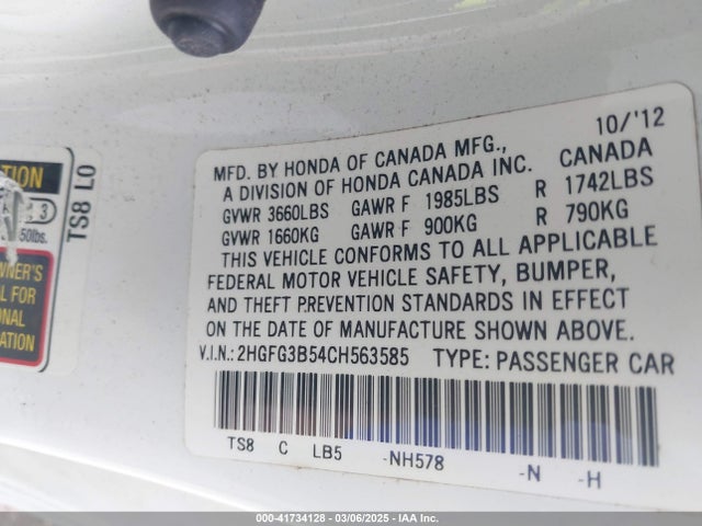 41734128 :رقم المزاد ، 2HGFG3B54CH563585 vin ، 2012 Honda Civic Lx مزاد بيع