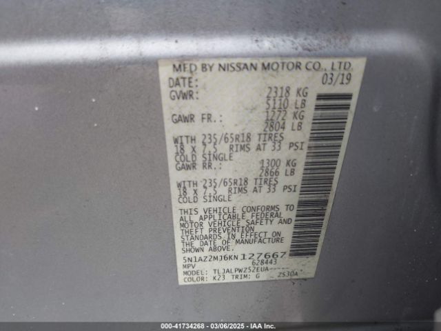 5N1AZ2MJ6KN127667 Nissan MURANO S