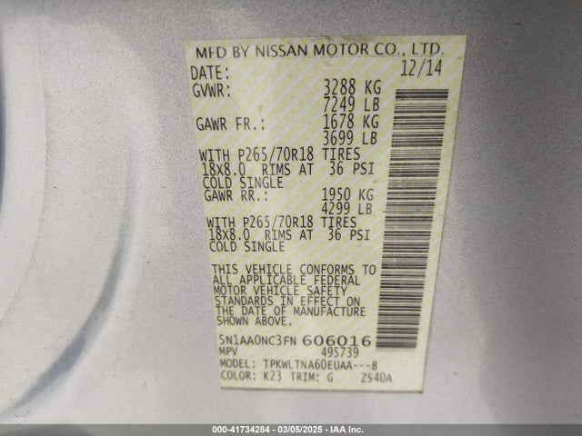5N1AA0NC3FN606016 Nissan Armada Platinum/sl/sv