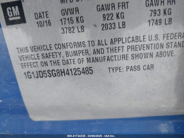 1G1JD5SG8H4125485 Chevrolet Sonic Lt Auto