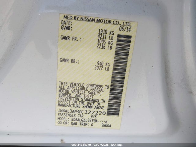 Nissan Altima 2.5 S 2015 1N4AL3AP3FC127220 Image 9