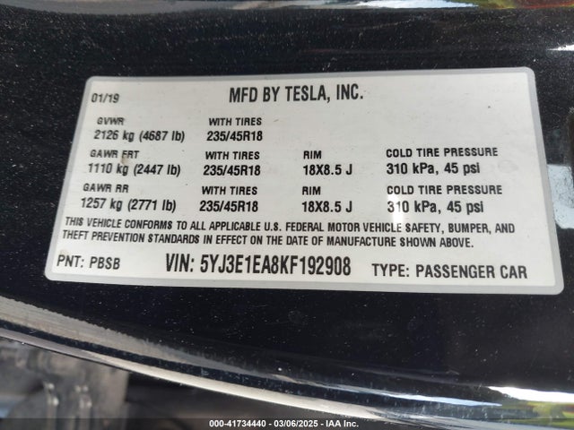 2019 TESLA MODEL 3 5YJ3E1EA8KF192908 Photo 8