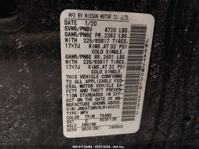 JN8AT2MV0LW140472 Nissan Rogue Sv Intelligent Awd