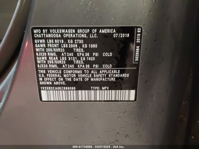 1V2XR2CA0KC589099 Volkswagen Atlas 3.6l V6 Se W/technology R-line