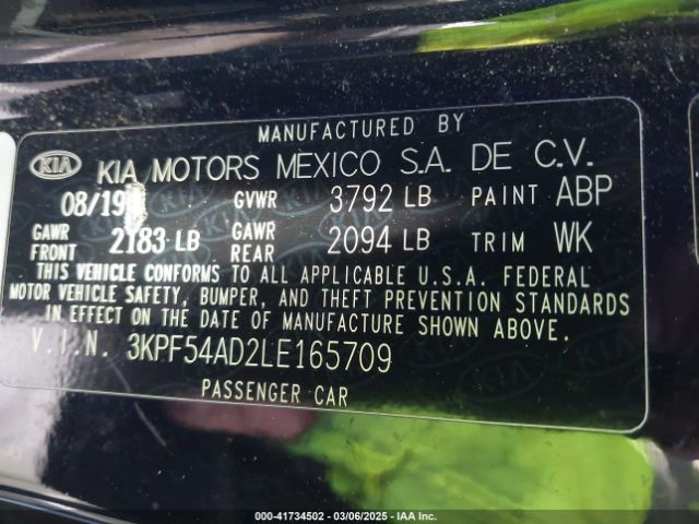 3KPF54AD2LE165709 KIA FORTE EX