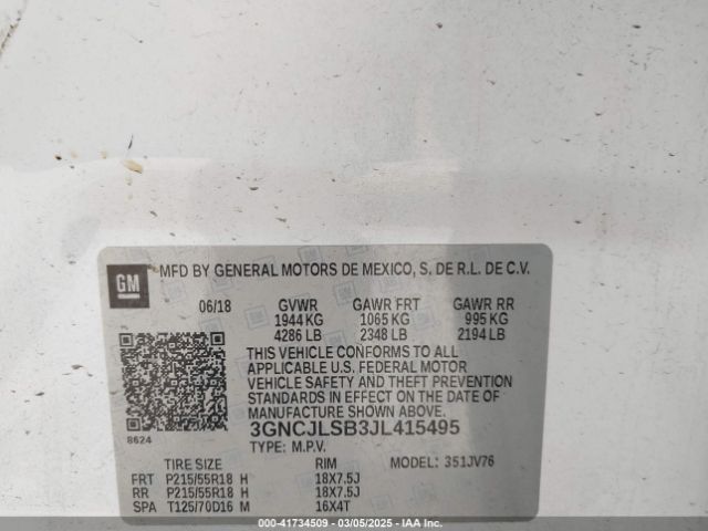 3GNCJLSB3JL415495 Chevrolet Trax Lt