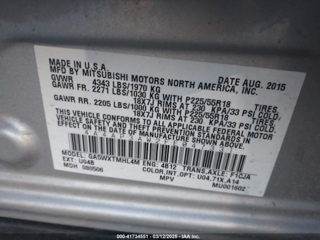 4A4AP3AW2FE047331 Mitsubishi Outlander Sport Es