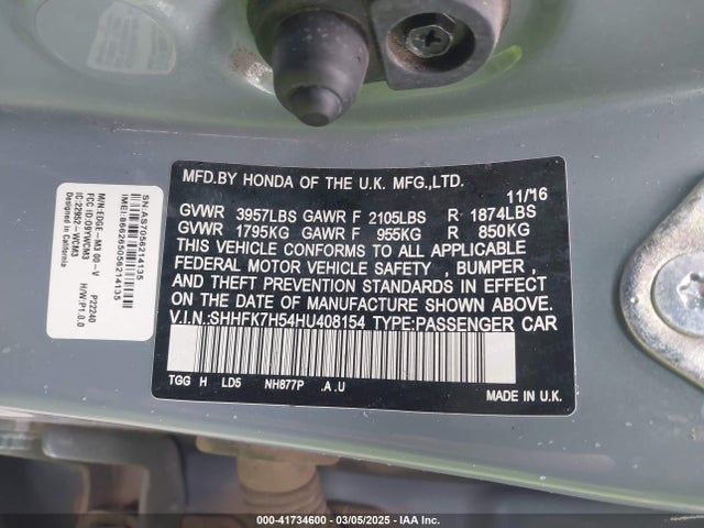 SHHFK7H54HU408154 Honda CIVIC EX