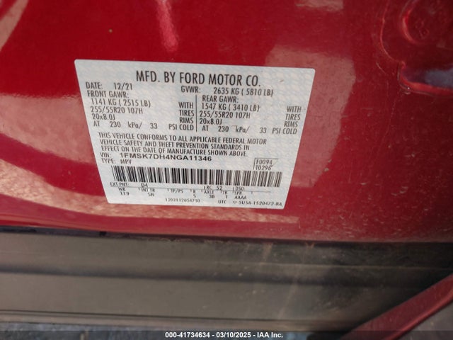 Ford EXPLORER XLT 2022 1FMSK7DH4NGA11346 Image 9