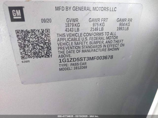 1G1ZD5ST3MF003678 Chevrolet Malibu Fwd Lt