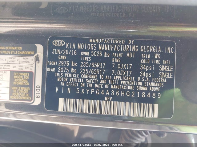 5XYPG4A36HG218489 KIA Sorento 2.4l Lx