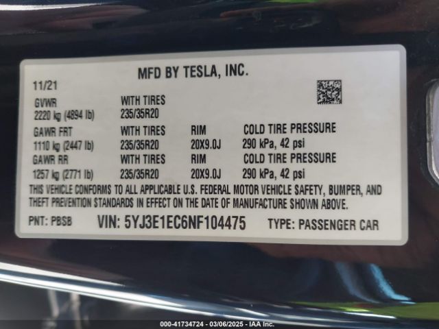 5YJ3E1EC6NF104475 Tesla Model 3 Performance Dual Motor All-wheel Drive