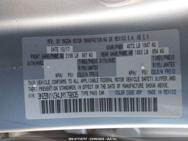 3MZBN1V34JM179805 Mazda Mazda3 Touring