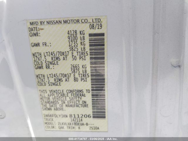 1N6BF0LY3KN811206 Nissan Nv Cargo Nv2500 Hd Sv V6