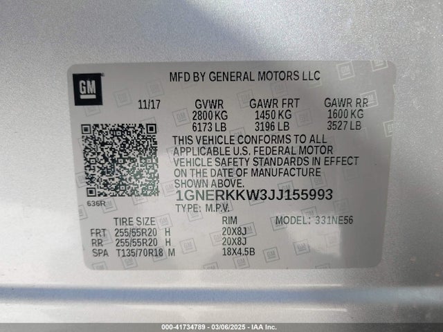 1GNERKKW3JJ155993 Chevrolet Traverse Premier