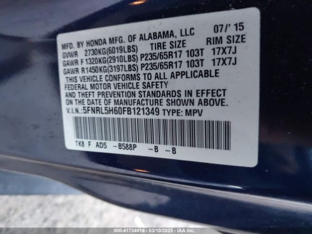 5FNRL5H60FB121349 Honda Odyssey Ex-l