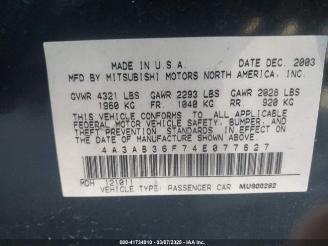 2004 MITSUBISHI GALANT 4A3AB36F74E077627 Photo 8