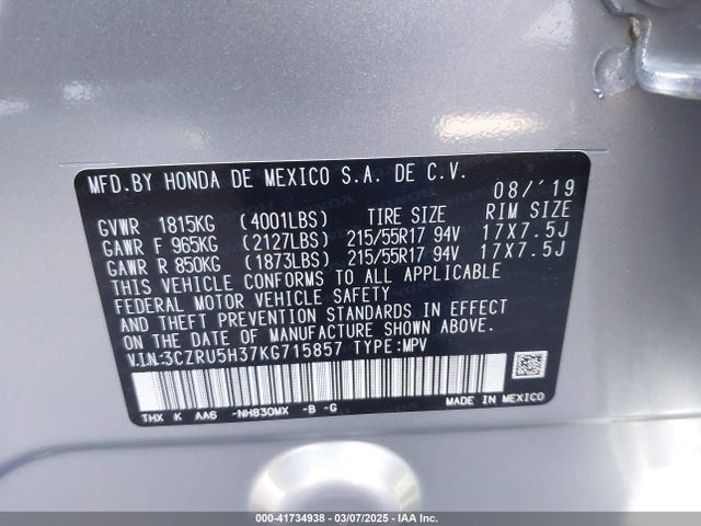 Honda HR-V LX 2019 3CZRU5H37KG715857 Image 9