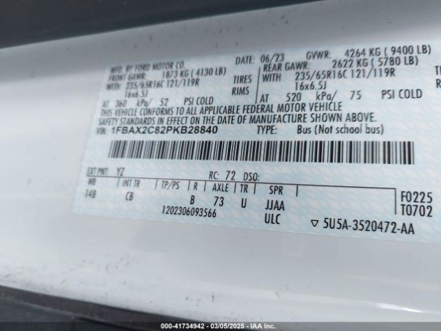 1FBAX2C82PKB28840 Ford Transit-350 Passenger Van Xlt