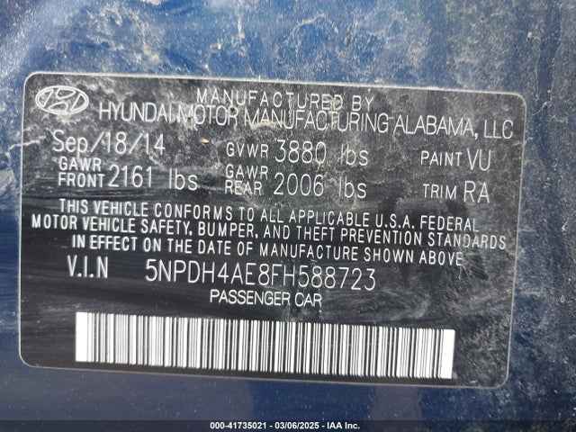 5NPDH4AE8FH588723 Hyundai ELANTRA SE