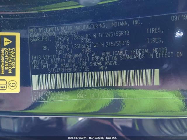 5TDJZRFH9KS617165 Toyota Highlander Se