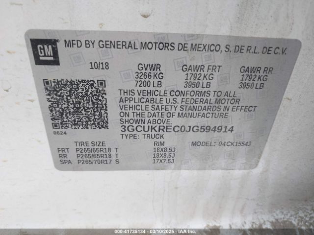 3GCUKREC0JG594914 Chevrolet Silverado 1500 2lt