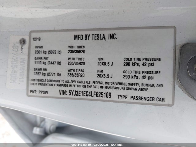 2020 TESLA MODEL 3 5YJ3E1EC4LF625109 Photo 8