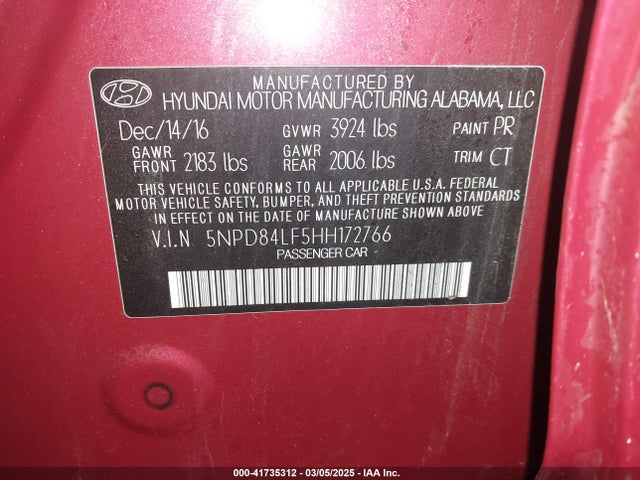 5NPD84LF5HH172766 Hyundai Elantra Value Edition