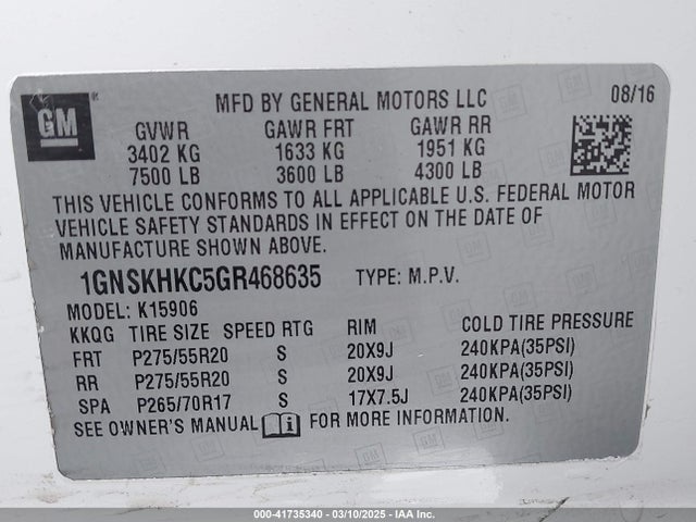 1GNSKHKC5GR468635 Chevrolet Suburban Lt