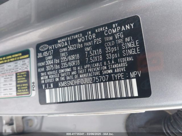 KM8SNDHF0JU275707 Hyundai Santa Fe Se