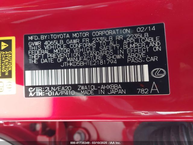 JTHKD5BH1E2181794 Lexus CT 200H