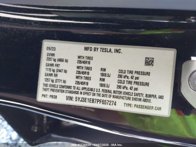 5YJ3E1EB7PF657274 Tesla Model 3 Long Range Dual Motor All-wheel Drive
