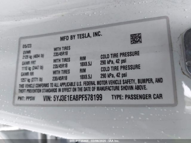 5YJ3E1EA8PF578199 Tesla Model 3 Rear-wheel Drive